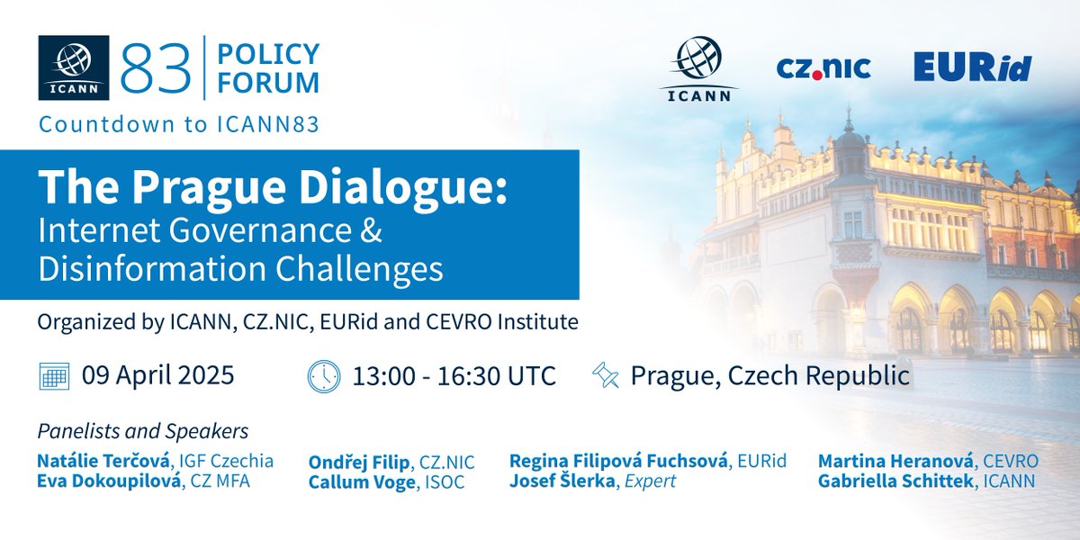ICANN's tweet photo. ๐ขCountdown to #ICANN83!
#ICANN, @CZ_NIC, @EUregistry and CEVRO University are inviting you to The Prague Dialogue- an in-person discussion on Internet governance and disinformation challenges.
Join us on ๐๏ธ 9 April. Seats are limited!
Register now >> https://t.co/jmNE3X3gUD https://t.co/N9p3JbDp3D
