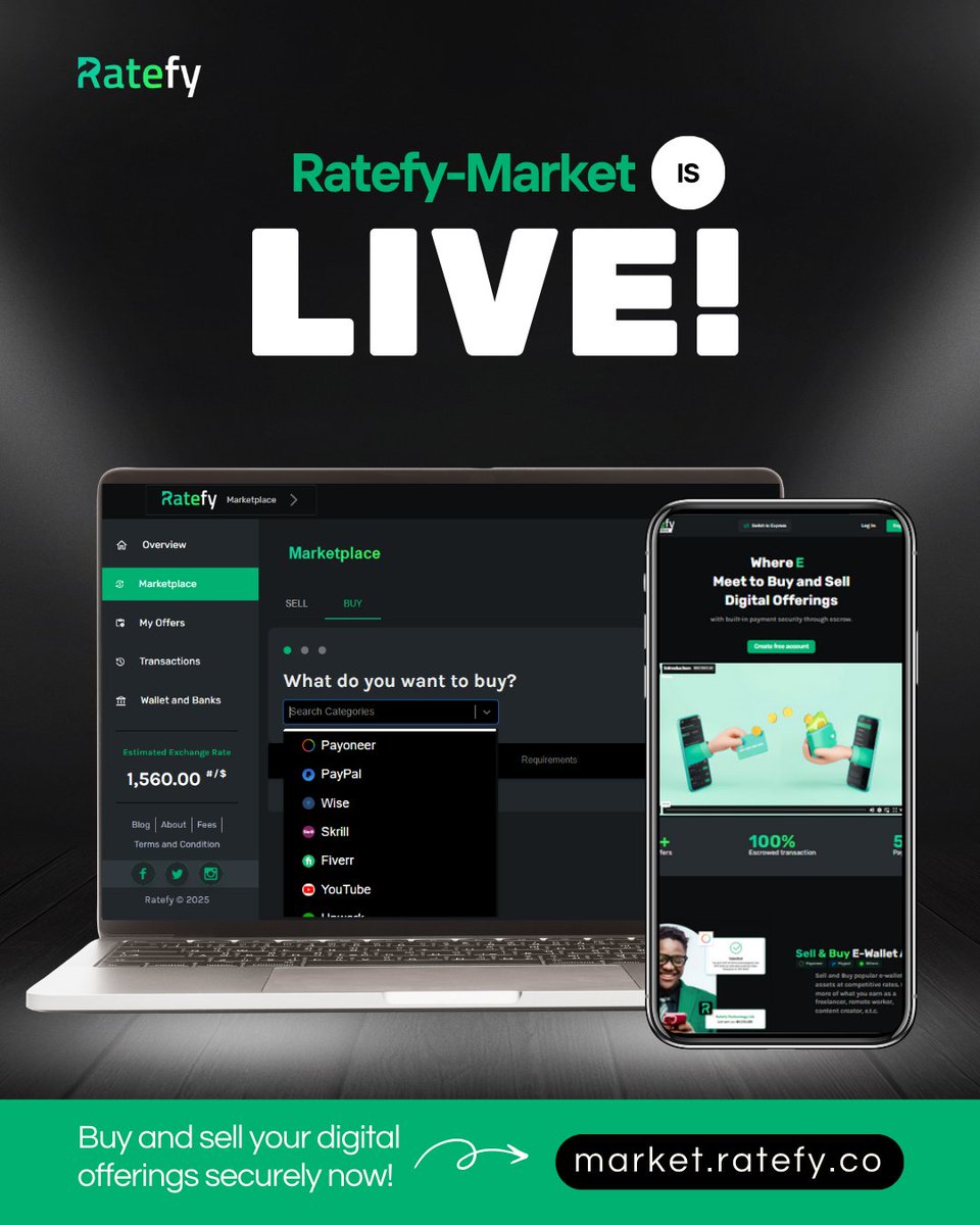 _Ratefy's tweet photo. We are glad to announce that Ratefy-Market is LIVE!

With Ratefy-Market, you can now buy and sell digital offerings like PayPal, Payoneer, Fiverr funds, TikTok earnings, and more, without the middleman.
Check https://t.co/uNERifzG7h to experience this world of secure transactions https://t.co/vZRyp8Y0h0