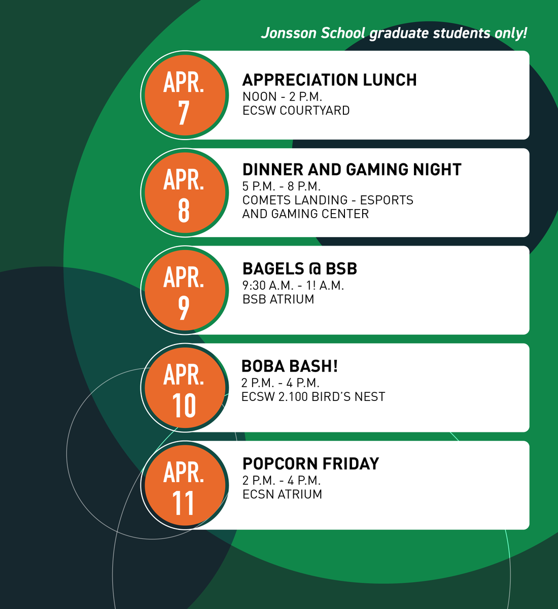 The Jonsson School at UT Dallas (@utdjonsson) on Twitter photo Celebrate Graduate Student Appreciation Week with us this week with events just for Jonsson School graduate students! Stop by to grab a bite to eat, play at the new Comets LANding Esports area and connect. Bring your Comet Card. utd.link/31o Celebrate Graduate Student Appreciation Week with us this week with events just for Jonsson School graduate students! Stop by to grab a bite to eat, play at the new Comets LANding Esports area and connect. Bring your Comet Card. utd.link/31o