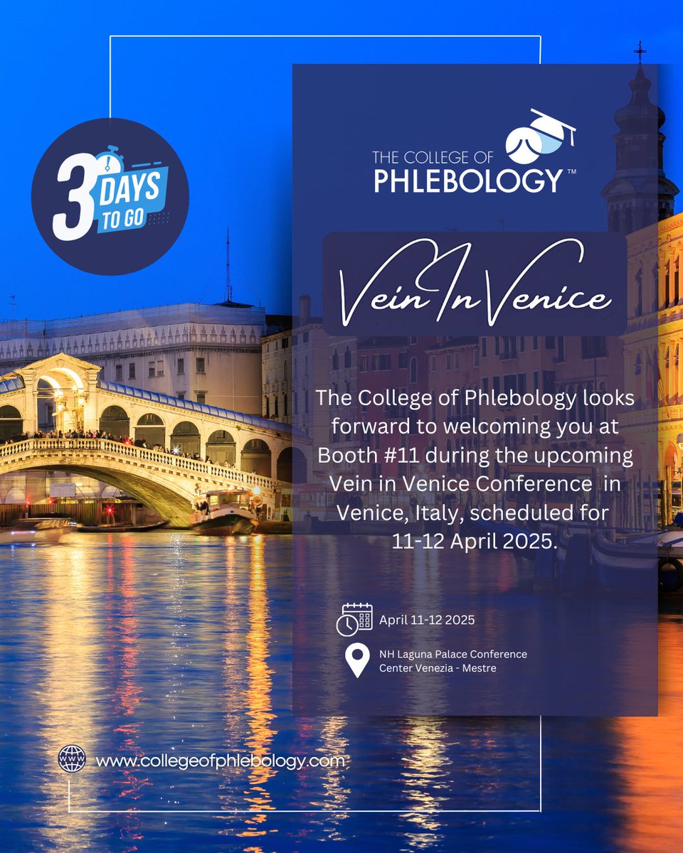 Only 3 days until the Vein in Venice Conference!

We’re excited to connect with global experts on phlebology and venous health. If you’re attending, visit us at Stand No. 11—we’d love to meet you.

See you in Venice!

#VeinInVenice #CollegeOfPhlebology #Phlebology #VenousHealth