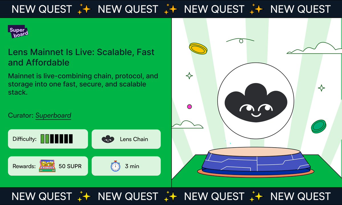 Say hello to <a href="/LC/">Lens Chain</a> 💚

A SocialFi-native Ethereum L2: combining chain, protocol, and storage.

Mainnet is live! Bridge your tokens to Lens Chain and start stacking SUPR points.

🌱: superboard.xyz/quests/lens-ma…