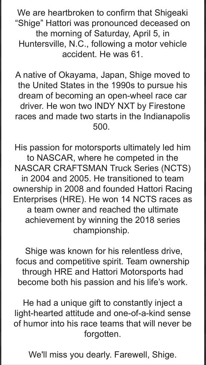 Statement from Hattori Racing Enterprises on team owner Shige Hattori, who died in a motor vehicle accident Saturday: