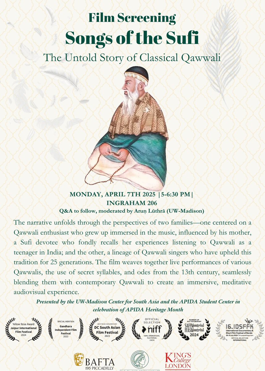 TODAY (7th April) at 5:00 p.m. U.S. Central Time: I'm delighted to be moderating the post-screening discussion and q.&amp;a. for <a href="/songsofthesufi/">Songs of the Sufi</a> as part of <a href="/uwsoasia/">Center for South Asia @ UW-Madison</a> &amp; <a href="/UWMulticultural/">UW-Madison MSC</a>'s A.P.I.D.A. Heritage Month.  Come on by!
songsofthesufi.com
students.wisc.edu/apidahm/