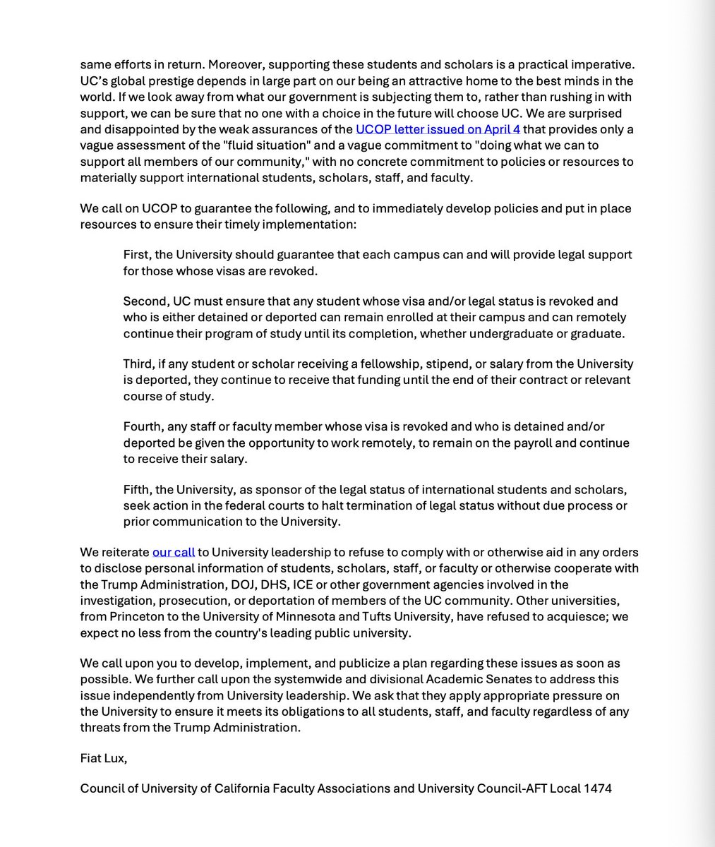 51 student visa revocations and counting in the UC. This morning, the Council of UC Faculty Associations &amp; UC-AFT 1474 sent the UC President a letter urging stronger action. Please urge your universities to similarly support students and keep them enrolled.