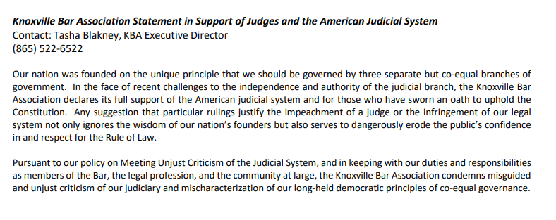 The Knoxville Bar <a href="/KnoxBar/">Knoxville Bar Association</a> -- in a rare public statement -- is speaking out in support of our judicial system.
The Founding Fathers created three branches of government.
The judicial is as important as the executive &amp; legislative branches. And plays a vital role in our democracy.