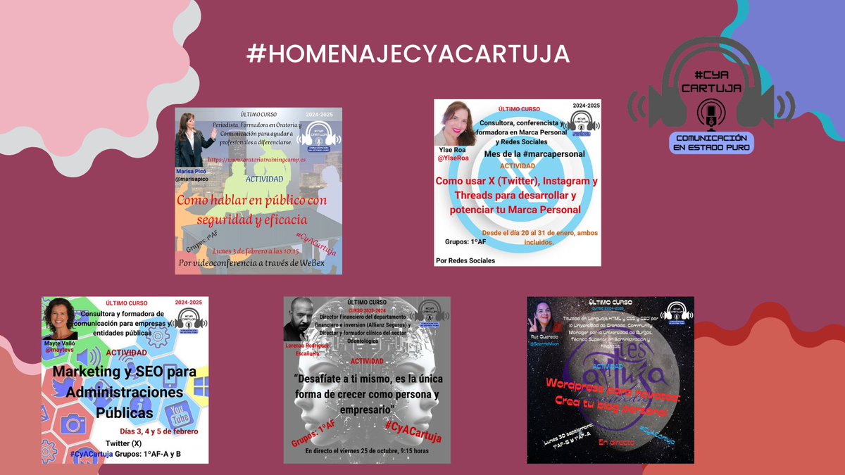 Gracias a estos grandes profesionales por compartir su conocimiento, pasión y autenticidad. ¡Un verdadero honor haber aprendido de vosotros! 
<a href="/jmalex/">José Miguel García P</a> <a href="/Clase_CyAC/">José Miguel</a> <a href="/YlseRoa/">Ylse Roa | 🇻🇪Personal Branding</a> <a href="/maytevs/">Mayte Vañó</a>  <a href="/SelenneMoon/">Selenne Moon</a> <a href="/marisapico/">Marisa Picó</a> 
#HomenajeCyACartuja #CyACartuja