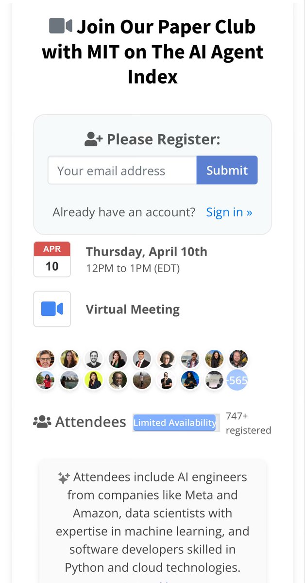 Joe Heitzeberg (@jheitzeb) on Twitter photo 747 registered for this week! Paper Club - <a href="/AITinkerers/">AI Tinkerers</a> <a href="/HumanFeedbackIO/">Human Feedback Foundation</a> - come hang with <a href="/StephenLCasper/">Cas (Stephen Casper)</a> and learn about the AI Agent Index ✈️ 747 registered for this week! Paper Club - <a href="/AITinkerers/">AI Tinkerers</a> <a href="/HumanFeedbackIO/">Human Feedback Foundation</a> - come hang with <a href="/StephenLCasper/">Cas (Stephen Casper)</a> and learn about the AI Agent Index ✈️