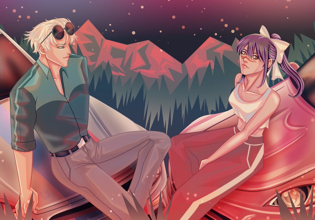 Gojo with the Nissan Skyline and Utahime with her Honda S2000. 😄

--
My SFW piece for the <a href="/GojoHimeZine/">Five Songs 200%: GoUta Zine V2</a>  V2. It was an overall amazing experience in this zine. Leftovers are still open if you haven't received the amazing zine and merch that came with it.