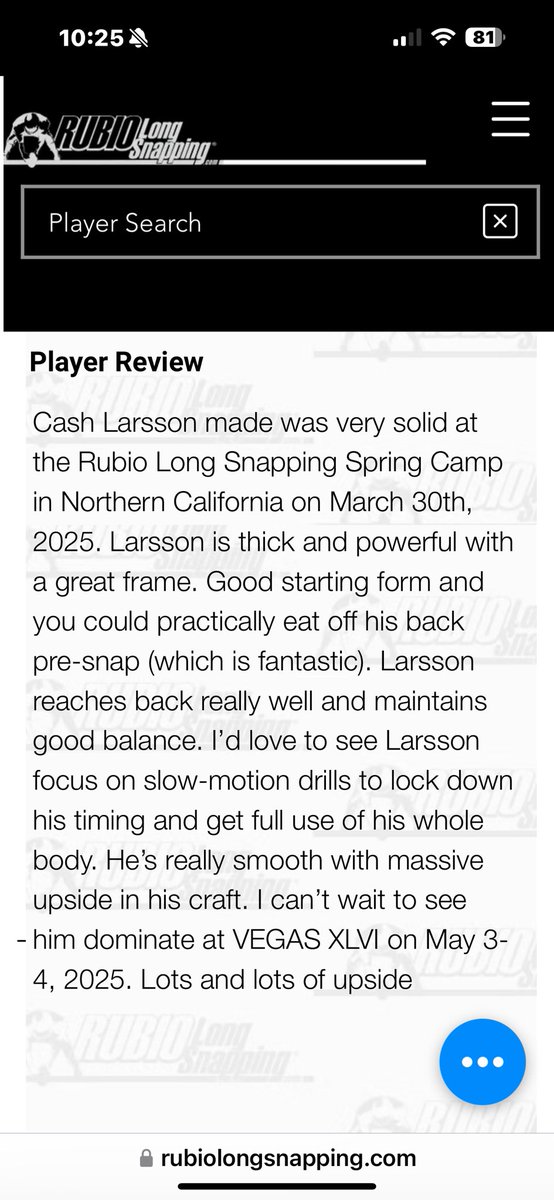 CA$H LARSSON - 2026 (@cashlarsson) on Twitter photo Excited to be ranked a 3.5⭐️ Long Snapper. Back to the 🧪
Thanks <a href="/TheChrisRubio/">Rubio Long Snapping®</a> for all the coaching & review! Excited to be ranked a 3.5⭐️ Long Snapper. Back to the 🧪
Thanks <a href="/TheChrisRubio/">Rubio Long Snapping®</a> for all the coaching & review!