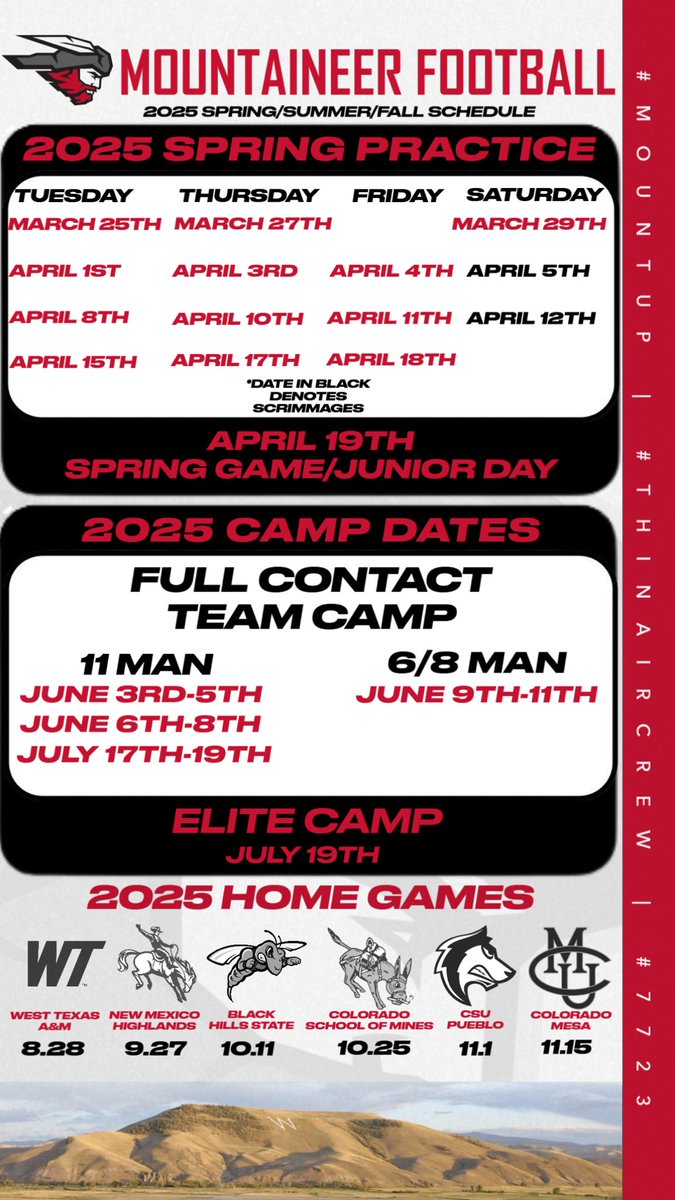 Mark your calendars! 🗓️ All the dates you need to know that are happening at 7,723’🏔️:

-Spring Ball 🏈
-Junior Day Camp - April 19th
-Spring Game - April 19th
-Full Contact Team Camps 💥
-Elite Camp - July 19th
-Homes Games 🏔️

Register for camps⬇️
Gomountaineers.com/fbcamps