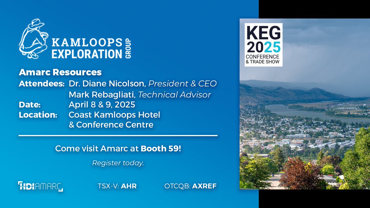 HDI_Amarc's tweet image. Amarc $AHR.V | $AXREF CEO Dr. Diane Nicolson and Technical Advisor Mark Rebagliati will be in Kamloops for the 36th KEG Conference &amp;amp; Trade Show on April 8th-9th, 2025. Don&apos;t miss Mark&apos;s presentation &quot;Amarc&apos;s Path to Discovery and Geology of the #Gold-Rich AuRORA Porphyry,…