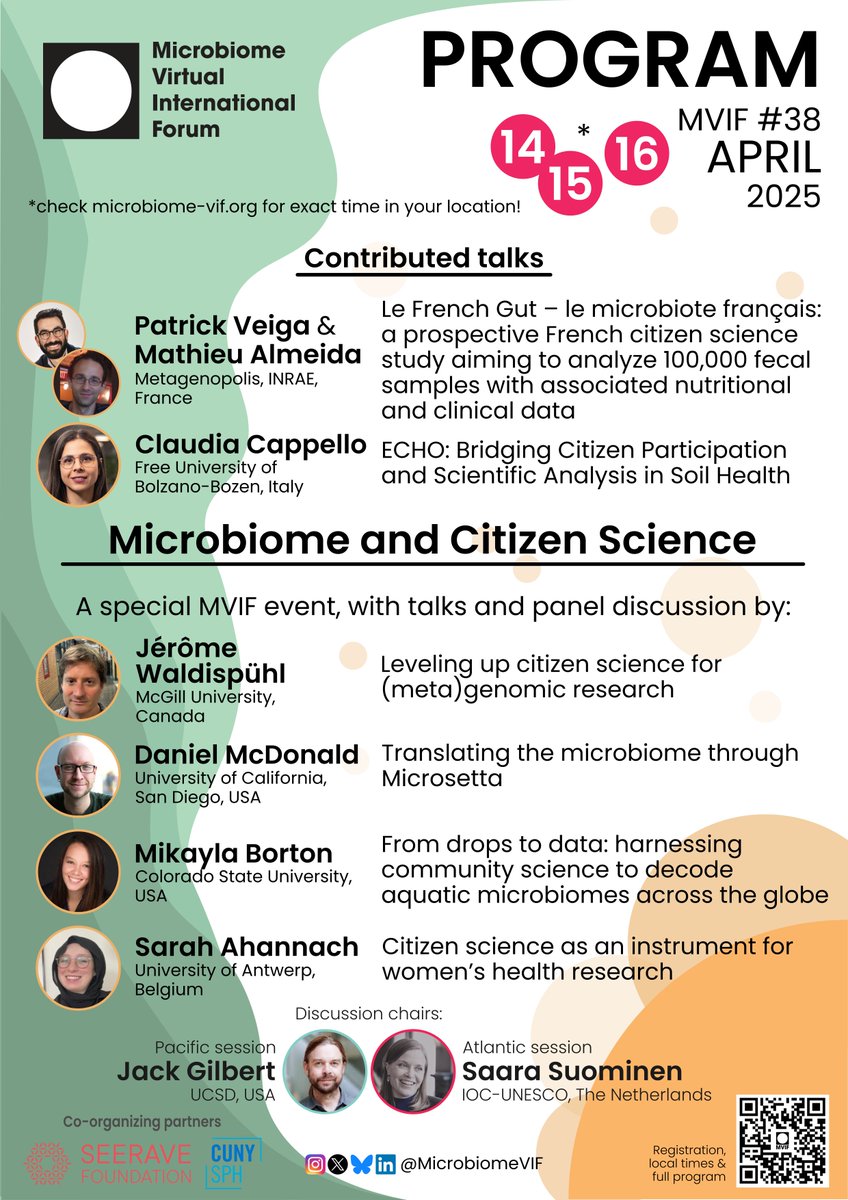 Microbiome Virtual International Forum (@microbiomevif) on Twitter photo NEXT WEEK don't miss #MVIF 38 on Microbiome and Citizen Science
👉cassyni.com/s/mvif-38
& meet:
🇫🇷 <a href="/veiga_pat/">patrick veiga</a> & <a href="/MathieuJAlmeida/">Mathieu J Almeida</a>
🇮🇹Claudia Cappello
🇨🇦Jérôme Waldispühl (<a href="/mcgillu/">McGill University</a>)
🇺🇸Daniel McDonald (<a href="/UCSanDiego/">UC San Diego</a>)
🇺🇸<a href="/jmikayla7/">Mikayla A. Borton</a>
🇧🇪<a href="/S_Ahannach/">Sarah Ahannach</a>
🇳🇱<a href="/s_suominen/">Saara Suominen</a>
🇺🇸<a href="/gilbertjacka/">Jack A Gilbert (he/him/his)</a> NEXT WEEK don't miss #MVIF 38 on Microbiome and Citizen Science
👉cassyni.com/s/mvif-38
& meet:
🇫🇷 <a href="/veiga_pat/">patrick veiga</a> & <a href="/MathieuJAlmeida/">Mathieu J Almeida</a>
🇮🇹Claudia Cappello
🇨🇦Jérôme Waldispühl (<a href="/mcgillu/">McGill University</a>)
🇺🇸Daniel McDonald (<a href="/UCSanDiego/">UC San Diego</a>)
🇺🇸<a href="/jmikayla7/">Mikayla A. Borton</a>
🇧🇪<a href="/S_Ahannach/">Sarah Ahannach</a>
🇳🇱<a href="/s_suominen/">Saara Suominen</a>
🇺🇸<a href="/gilbertjacka/">Jack A Gilbert (he/him/his)</a>