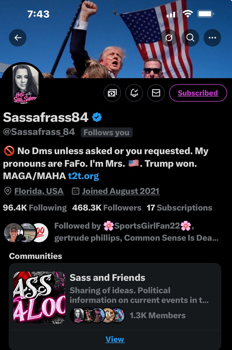 SibleyBoss's tweet photo. My Monday is starting out great! I’m so thrilled the awesome @Sassafrass_84 just followed me! 🎉 If you’re into bold, unapologetic takes on politics and current events Sass is a must follow!! Her pronouns are FaFo 😂🤣👊🇺🇸🇺🇸🇺🇸
#Sassafrass84 #MAGA #NewFollow https://t.co/Q3zHRqdBgx
