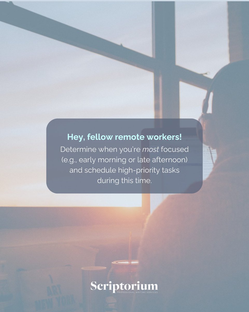 Identify your peak focus hours—whether it’s early morning or late afternoon—and tackle your most important tasks then. Work smarter!

#Scriptorium #TechWriter #WorkFromHome #RemoteWork #Editing #WritingAdvice #WritingProblems #ProfessionalWriting #Proofreading #GrammarTip