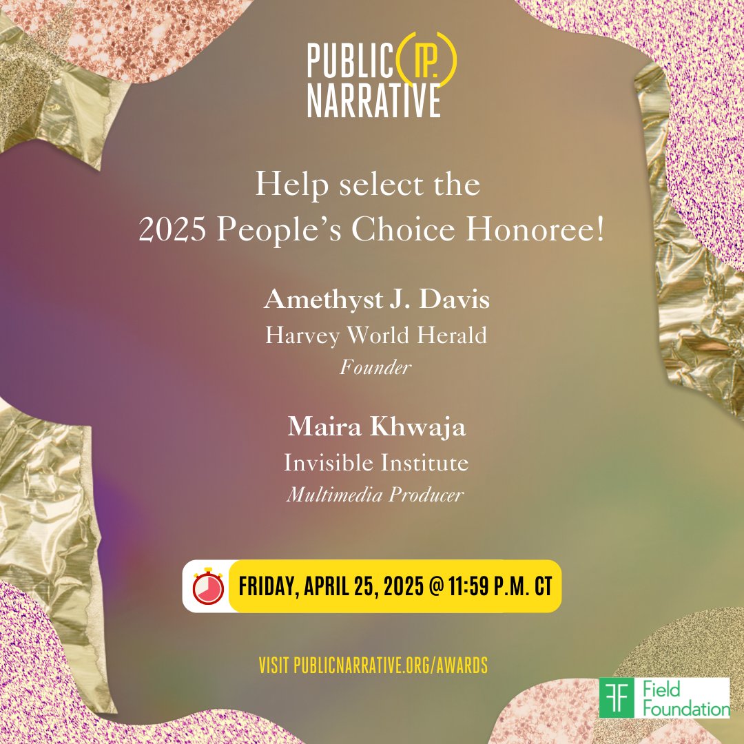 ⏰ Two weeks left to break the tie for the 2025 People’s Choice Honoree!

🗳 Vote now for the 2025 People’s Choice Community Media Award at bit.ly/4iqOgCU.

#CommunityMediaAwards 
#PNCMAs #PNCMAs30
#WeArePublicNarrative