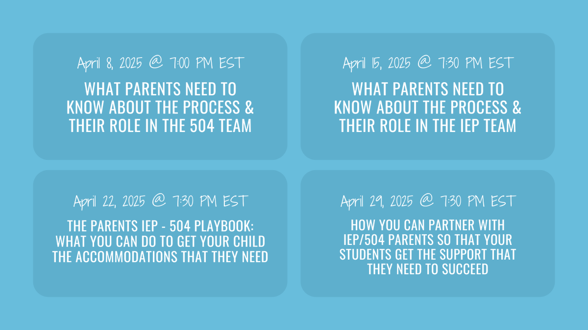 ⁠​Enhance your understanding of IEPs and 504 plans with <a href="/rechargedfamily/">Kyle Hill</a> April Learning Series! Join expert Kyle Hill for insightful workshops designed to empower parents and educators in supporting student success.

Click the link below to learn more.
l8r.it/CNf4