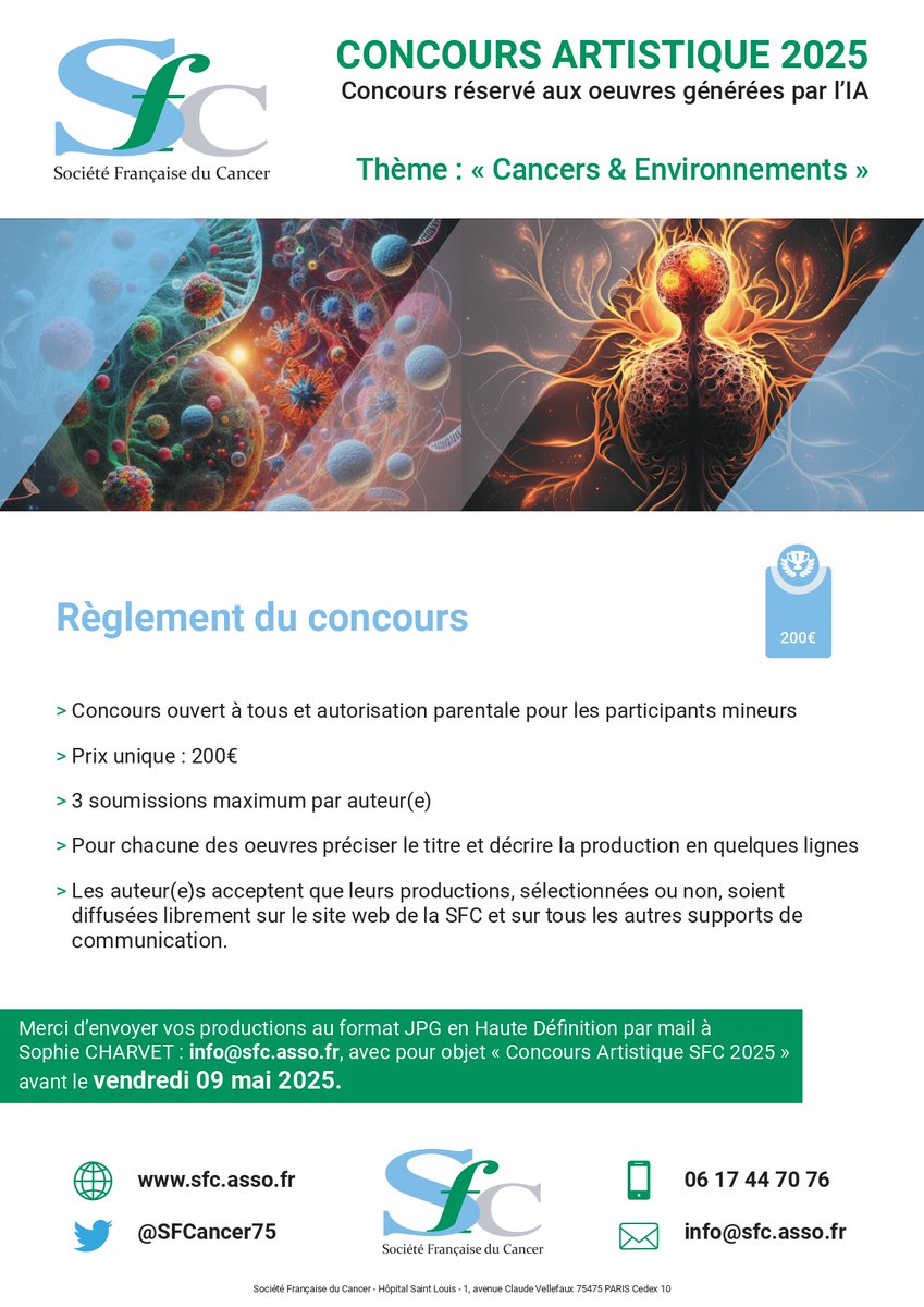 Le double concours artistique annuel de la SFC, avec et sans IA, sur le thème "Cancers &amp; Environnements" est lancé !
Vous trouverez ci-dessous les 2 règlements différents.
Vous avez jusqu’au vendredi 9 mai 2025 pour soumettre jusqu’à 3 œuvres.
A vous de jouer les artistes !