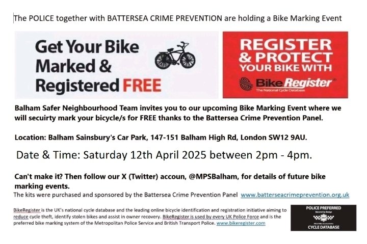 MPSBalham's tweet image. Your local officers are hosting a FREE Bike Marking Event outside Sainsburys nearby the car park on Saturday 12th April 2025 between 2pm - 4pm. Please share with friends and family who would like to get their bike marked too. @balhamnewsie @MPSBalham @MPSNorthcote @MPSWandsworth