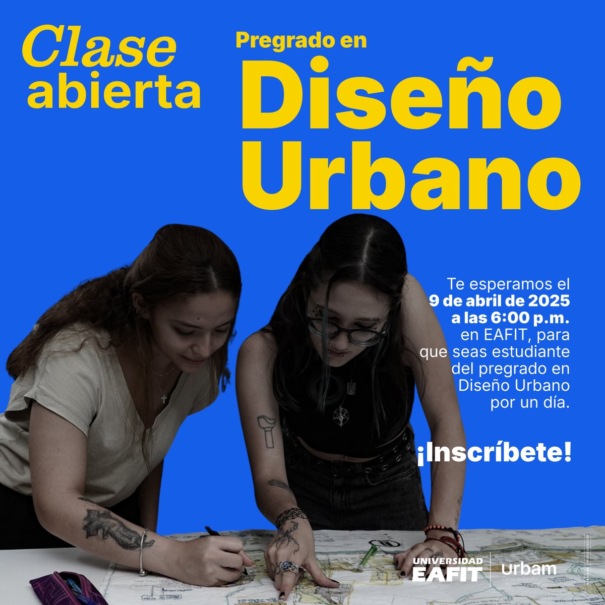 urbam (@urbam_eafit) on Twitter photo Vive la experiencia de ser estudiante de Diseño Urbano por un día 🎓📷 Nos vemos en Clases Abiertas de
<a href="/EAFIT/">Universidad EAFIT</a> este miércoles 9 de abril a las 6:00 p.m. Inscríbete aquí: assets.eafit.edu.co/ClasesAbiertas… Vive la experiencia de ser estudiante de Diseño Urbano por un día 🎓📷 Nos vemos en Clases Abiertas de
<a href="/EAFIT/">Universidad EAFIT</a> este miércoles 9 de abril a las 6:00 p.m. Inscríbete aquí: assets.eafit.edu.co/ClasesAbiertas…