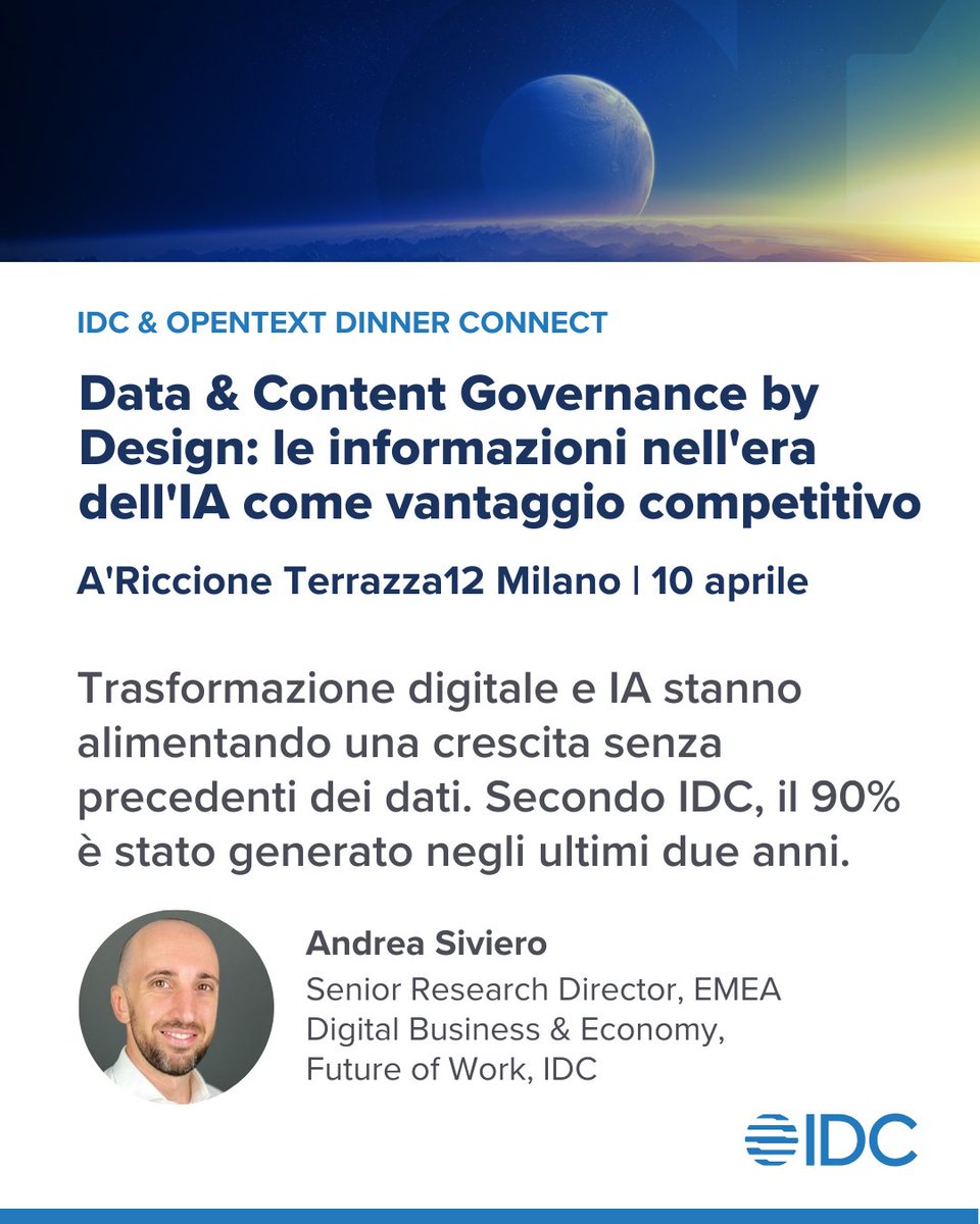 Secondo IDC, circa il 90% dei dati mondiali è stato creato negli ultimi due anni. Questa situazione pone una grande sfida per le aziende: la loro gestione.

Ne parleremo con <a href="/OpenText/">OpenText</a> in una cena di lavoro a Milano il prossimo 10 aprile: idc.com/eu/events/7205…