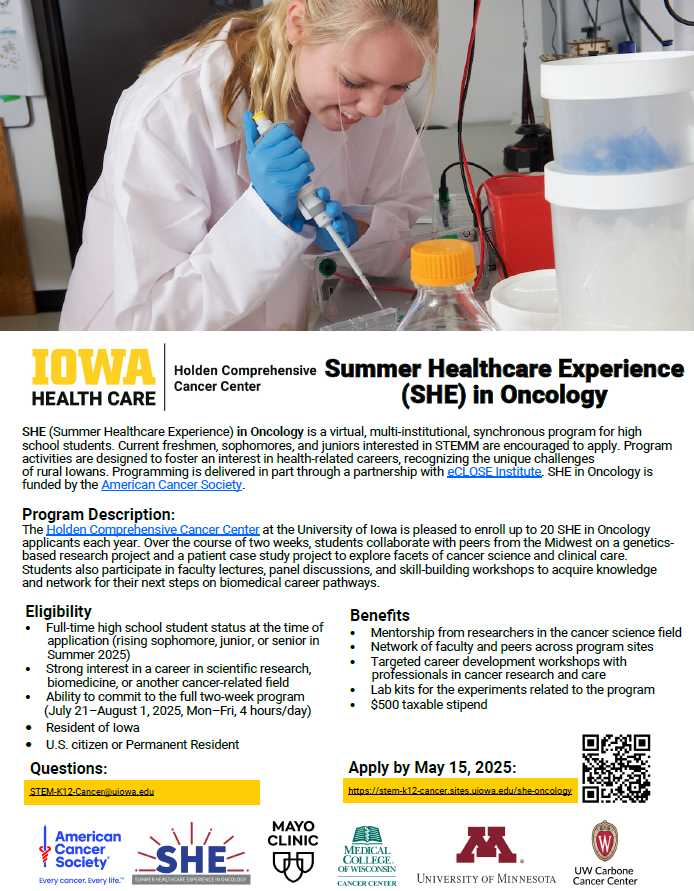 UI Holden Comprehensive Cancer Center (@uiowacancer) on Twitter photo Know any high schoolers interested in STEMM? π§¬
Funded by <a href="/AmericanCancer/">American Cancer Society</a>, the SHE in Oncology program is a virtual, 2-week summer experience for students to explore cancer science and clinical careβwhile building career skills and networking with peers + pros. Check it out! Know any high schoolers interested in STEMM? π§¬
Funded by <a href="/AmericanCancer/">American Cancer Society</a>, the SHE in Oncology program is a virtual, 2-week summer experience for students to explore cancer science and clinical careβwhile building career skills and networking with peers + pros. Check it out!