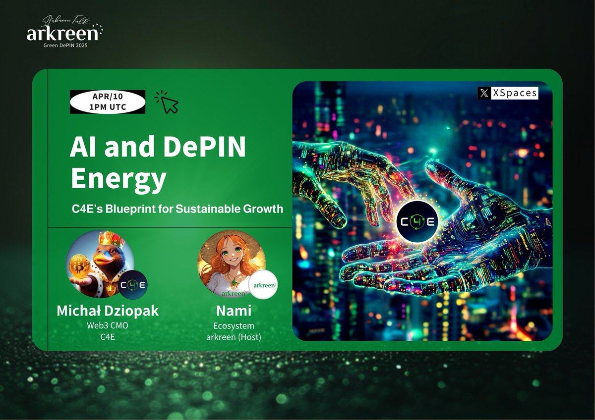 Big things are happening!
Join <a href="/Chain4Energy/">C4E</a> this Thursday at 1 PM UTC for an exciting Spaces chat with their friends at <a href="/arkreen_network/">arkreen</a>.

They're diving into how AI and DePIN are powering the energy revolution.
C4E’s Web3 CMO, Michał Dziopak, will be sharing key insights.