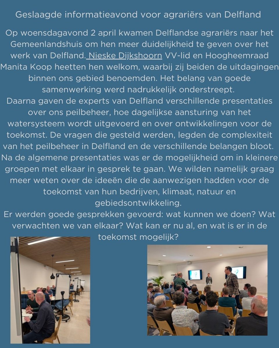 Nieske Dijkshoorn van Dijk๐๐๐๐โโ๏ธ๐ ๐ฉโ๐พ๐ (@nieskedijk) on Twitter photo Afgelopen woensdag een geslaagde avond over peilbeheer samen met de agrariรซrs in het gebied van <a href="/hhdelfland/">HH Delfland</a>. Samen oplossingen zoeken voor peilbeheer in natte en droge periodes. Het afgelopen jaar toonde aan dat er meer nodig is dan alleen reageren op het weer. <a href="/DelflandsGroen/">LTODelflandsGroen</a>๐ Afgelopen woensdag een geslaagde avond over peilbeheer samen met de agrariรซrs in het gebied van <a href="/hhdelfland/">HH Delfland</a>. Samen oplossingen zoeken voor peilbeheer in natte en droge periodes. Het afgelopen jaar toonde aan dat er meer nodig is dan alleen reageren op het weer. <a href="/DelflandsGroen/">LTODelflandsGroen</a>๐