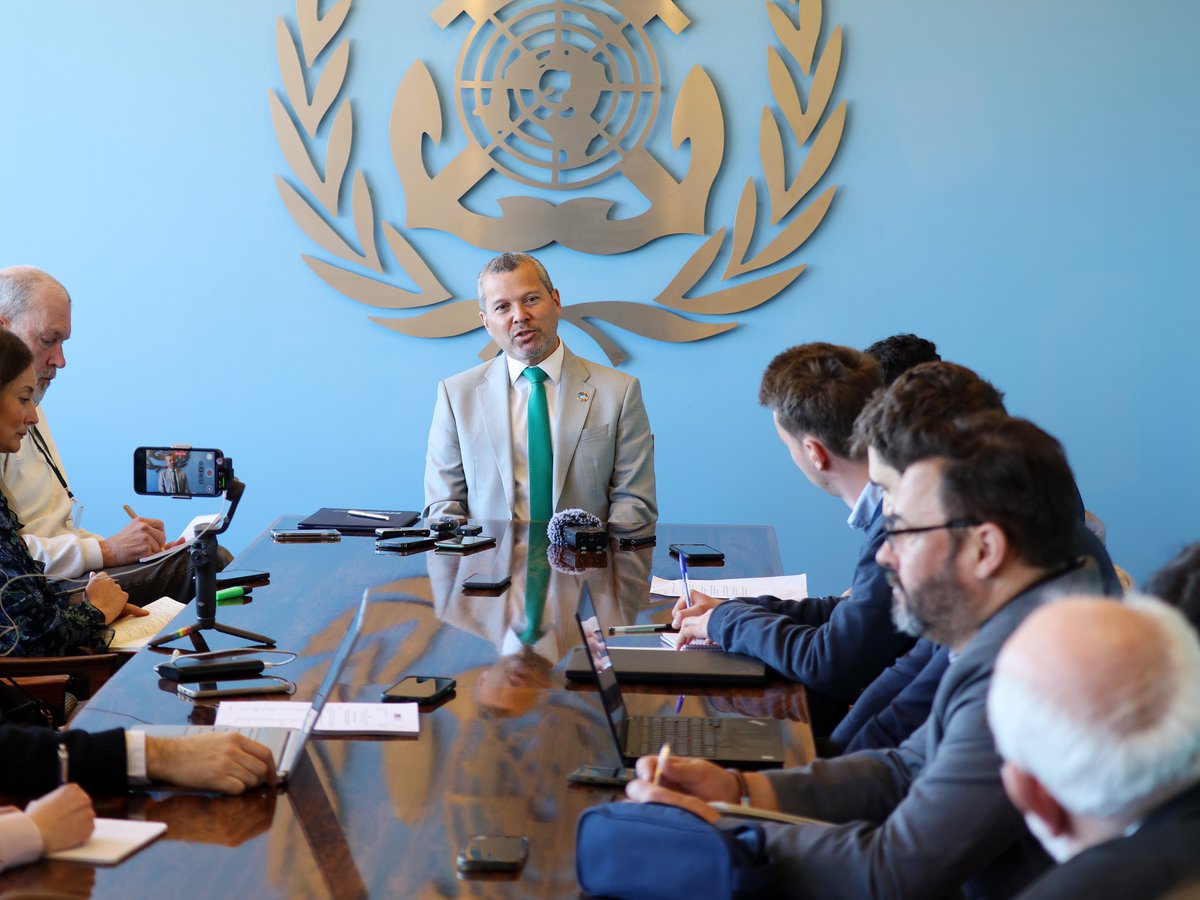 IMOSecGen's tweet image. Pleased to welcome journalists to IMO HQ at opening of Marine Environment Protection Committee #MEPC.
I answered their questions on key issues, including review of mid-term #GHG reduction measures, air pollution, marine plastic litter, &amp;amp; other pressing environmental priorities.