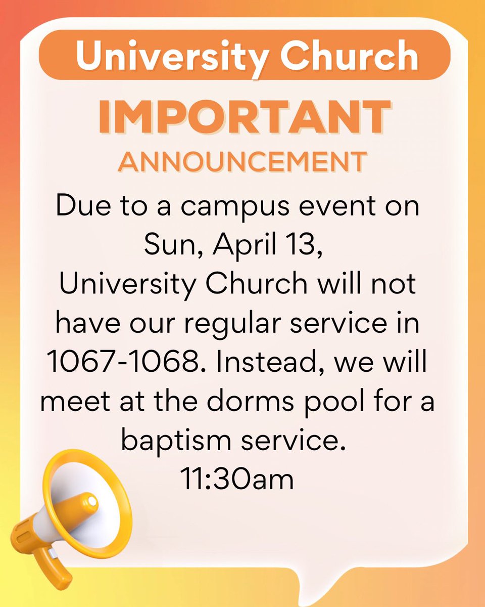 uclakeland's tweet image. We’re having a baptism service at the dorms pool this Sunday, April 13. We’ll meet at the regular time of 11:30am. There will be no regular church service though because all classrooms and meeting spaces on campus are reserved for a University event.