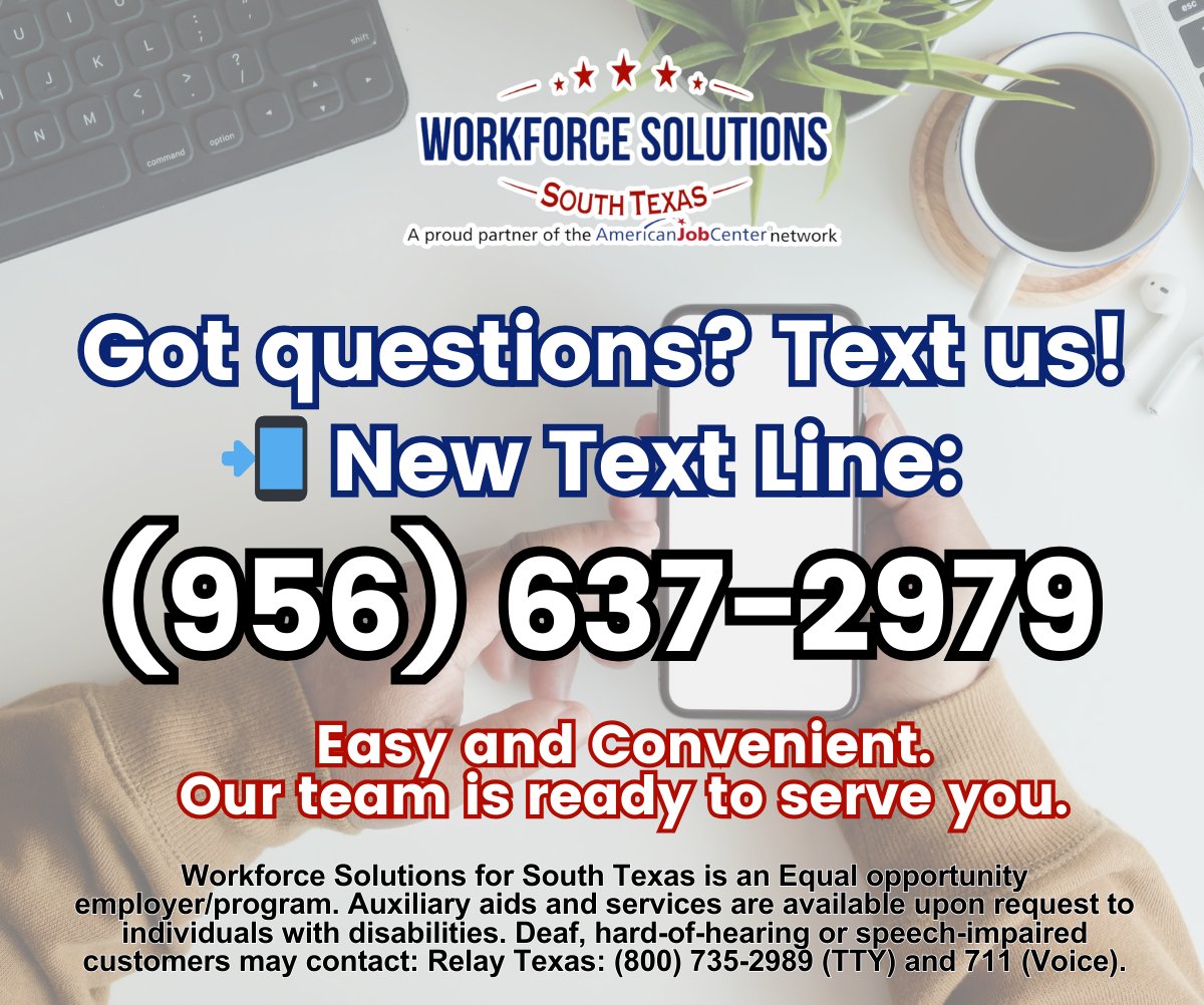 workforcestx's tweet image. 📱 We’ve made it even easier to connect with us!

You can now text us at 956-637-2979 for answers. Whether you have questions about our services or need assistance, we’re just a message away.
💬 Easy and Convenient. Text us today!

#WorkforceSupport #CustomerService #TextSupport