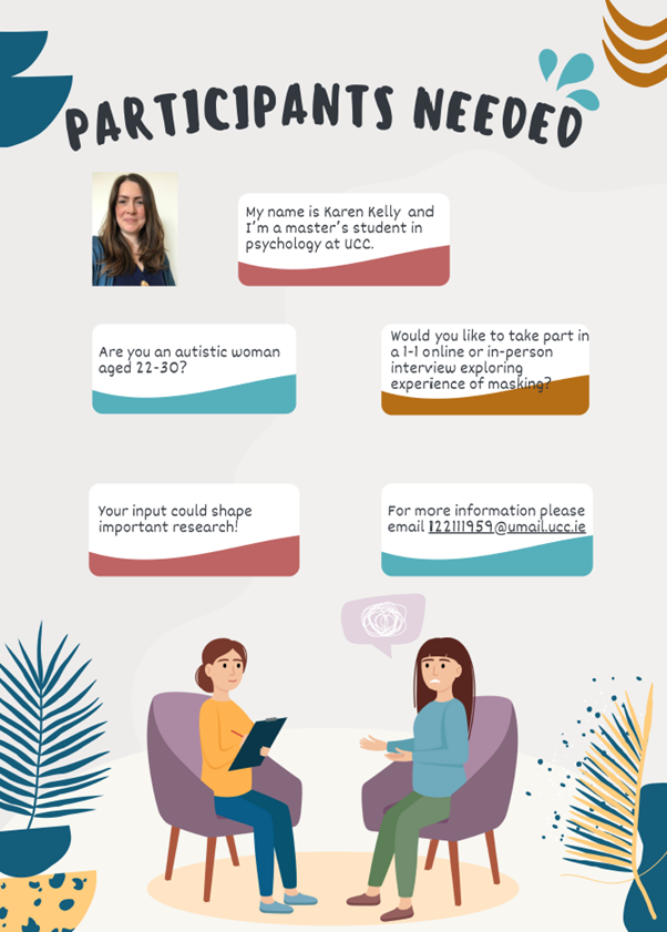 Fionnuala Larkin (@larkinfi) on Twitter photo UCC research student <a href="/AppPsychUCC/">Applied Psychology UCC</a> is looking for autistic women aged 22-30 to share their experience of masking - if you would like to be involved please contact Karen Kelly at 122111959@umail.ucc.ie UCC research student <a href="/AppPsychUCC/">Applied Psychology UCC</a> is looking for autistic women aged 22-30 to share their experience of masking - if you would like to be involved please contact Karen Kelly at 122111959@umail.ucc.ie