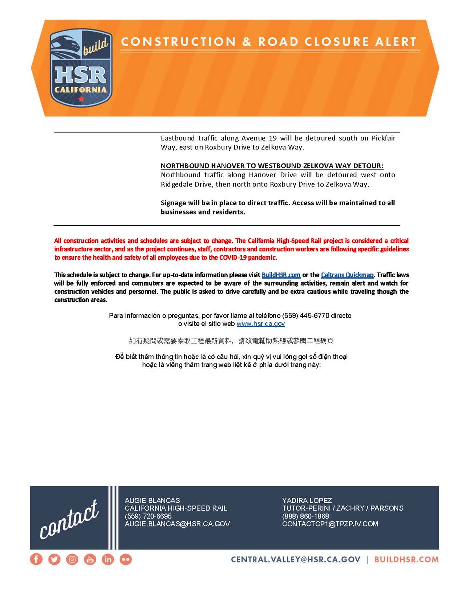 The California High-Speed Rail Authority (Authority) announces road closures along Ridgedale Drive and Zelkova Way in Madera for utility work. Work is scheduled from 7 a.m. to 4 p.m. starting Monday, March 31, through Friday, April 25, 2025.