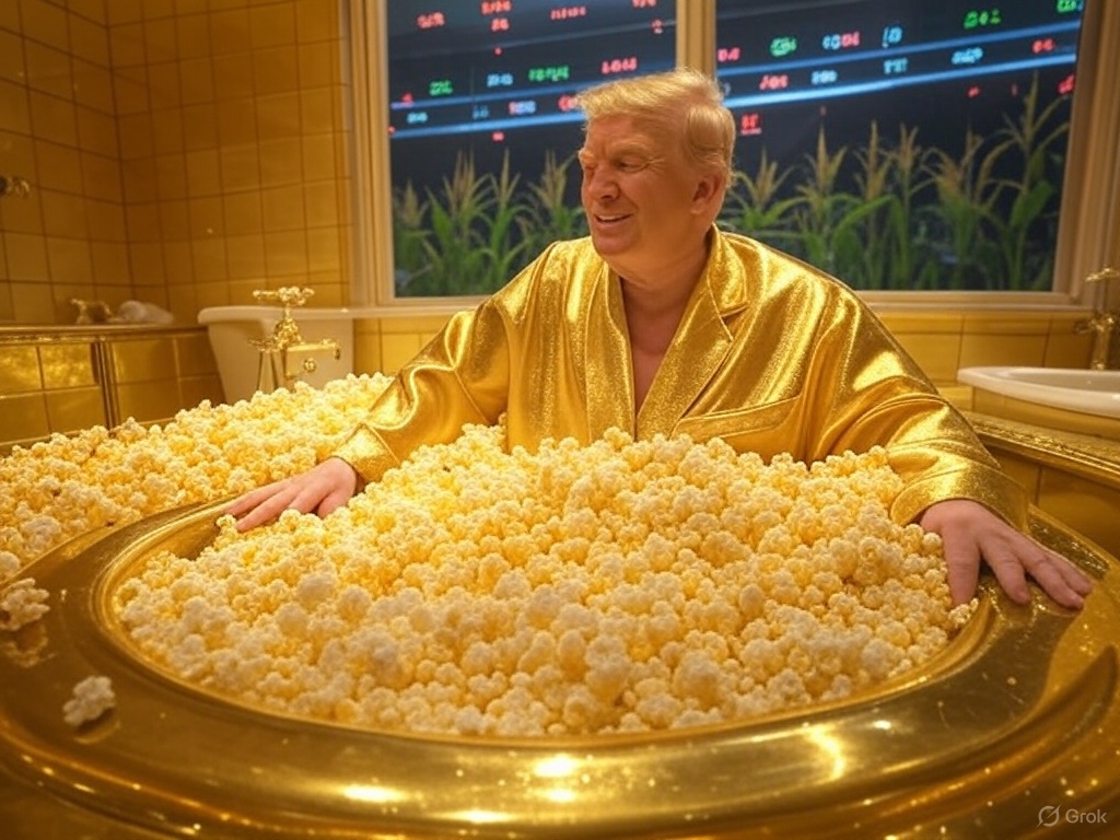 🌽++ &amp;&amp; 🍿++ by Grok:

generate me a picture: trump is sitting in a golden whirlpool with loads of popcorn, enjoying the rise of popcorn while in the background it's visible how corn fields prevail while the stock market is falling