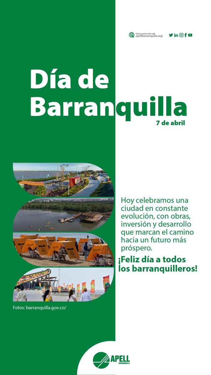 APELLBaq's tweet photo. Feliz cumpleaños Barranquilla!!! 

Hoy celebramos orgullosos tus 212 años. Hermosa ciudad ejemplar, acogedora donde siempre perdura la alegría, la innovación, el emprendimiento y el desarrollo

Que sigas creciendo con pujanza, con mira al progreso…Felicitaciones!❤💛💚 #212BAQ https://t.co/yHExkRLHIi