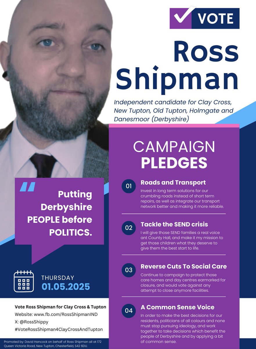 As the best placed candidate to beat Labour and the Tories in the upcoming Derbyshire County Council elections for the Clay Cross and Tupton division, I’m asking residents to lend me your support so we can have a strong independent voice at County Hall.
