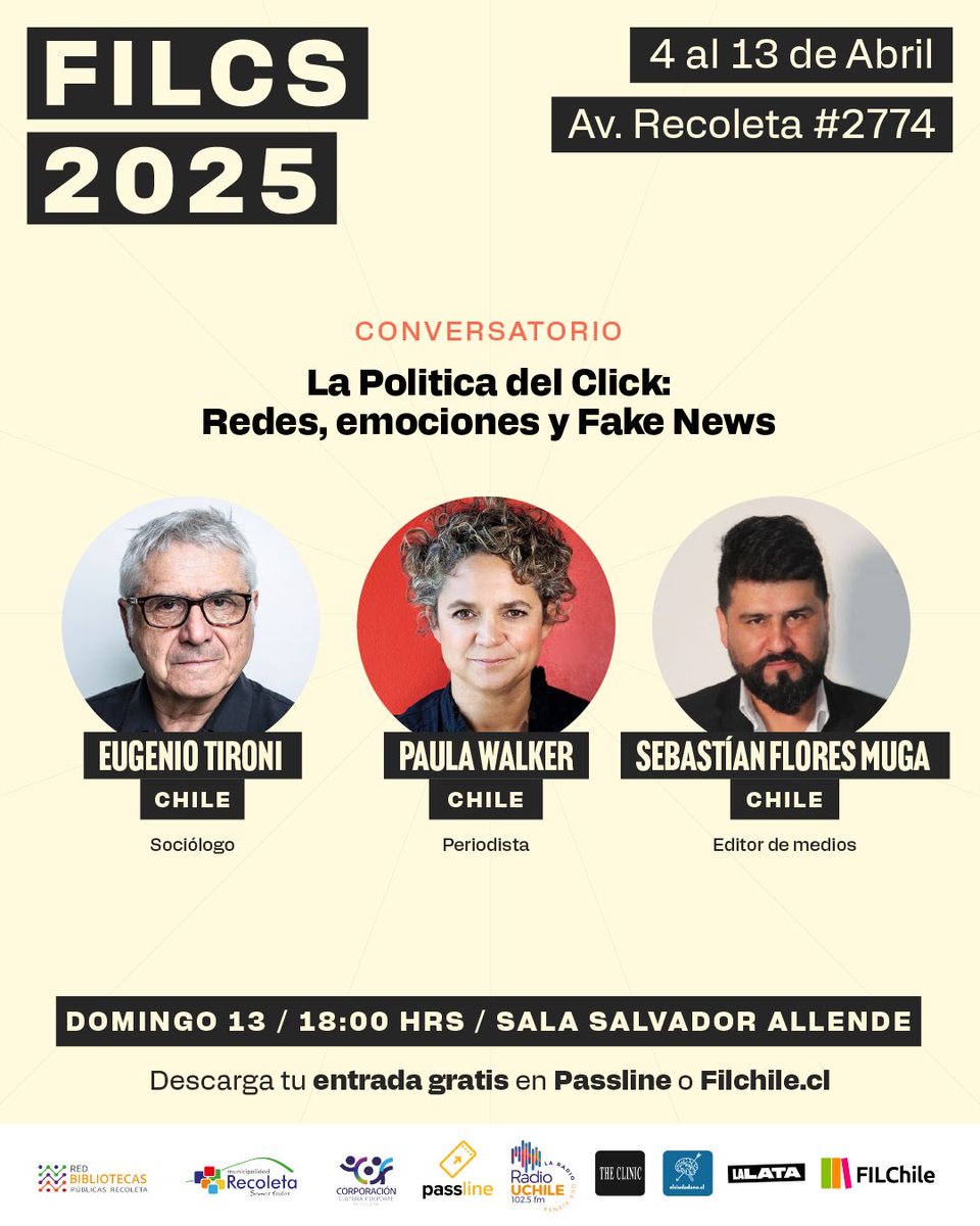 Este domingo estaremos conversando en la feria del libro de ⁦<a href="/Muni_Recoleta/">Municipalidad de Recoleta</a>⁩ con ⁦<a href="/eugeniotironi/">Eugenio Tironi</a>⁩ y ⁦<a href="/mechtac/">Sebastián Flores M.</a>⁩