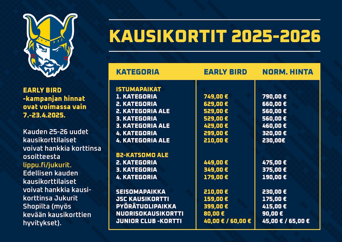 Jukurien kausikortit kaudelle 2025–26 nyt myynnissä Early Bird -hinnoin 🔵🟡

Uudet kausikorttilaiset ostoksille tästä ➡️ lippu.fi/event/jukurit-…

Edellisen kauden kausikorttilaiset voivat hankkia kausarin Jukurit Shopilta (myös kevään kausarien hyvitykset) 

#Jukurit #Liiga