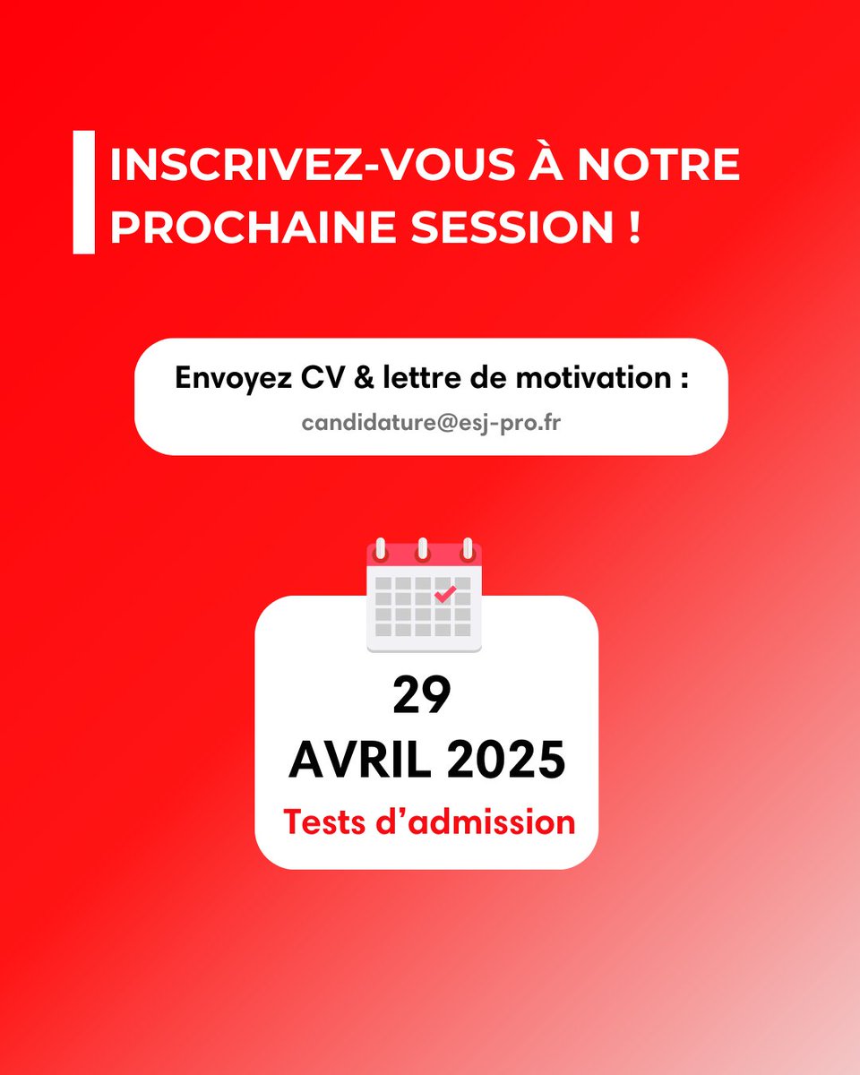 L’<a href="/ESJPRO/">ESJ PRO</a> est fière d’annoncer un taux d’admissibilité de 87% !

📢 Vous recrutez un(e) alternant(e) en journalisme ?
Envoyez-nous vos offres ➡️esjpro@esj-pro.fr

🎯Ne manquez pas notre prochaine session de tests d’admission le 29 avril. 

Inscription ➡️urls.fr/EVduFM