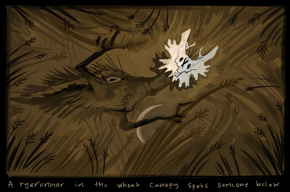 SparrowLucero's tweet image. The ryerunner, an ostrich-sized herbivore that lives on the wheat planet. Despite their plant-based diet, they're a predator, killing and "dissecting" other animals to kleptoparasitically eat their stomach contents. Their white frill is used to disorientate prey in dull light.