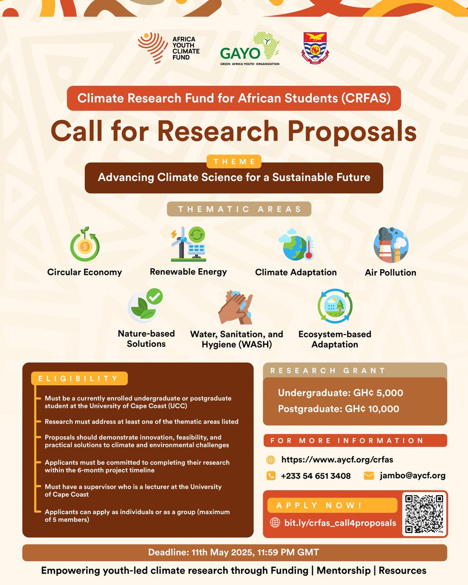 Green Africa Youth Organization (GAYO) (@gayoghana) on Twitter photo 📣 <a href="/UCCGH_Official/">University of Cape Coast (UCC)</a> students! The #CRFAS Call for Proposals is OPEN!
Passionate about #ClimateResearch in Africa? Apply for funding & mentorship in areas like #CircularEconomy, #WASH, #AirPollution & more.
Deadline: May 11
Apply: bit.ly/crfas_call4pro…
#AYCF #YouthForClimate 📣 <a href="/UCCGH_Official/">University of Cape Coast (UCC)</a> students! The #CRFAS Call for Proposals is OPEN!
Passionate about #ClimateResearch in Africa? Apply for funding & mentorship in areas like #CircularEconomy, #WASH, #AirPollution & more.
Deadline: May 11
Apply: bit.ly/crfas_call4pro…
#AYCF #YouthForClimate