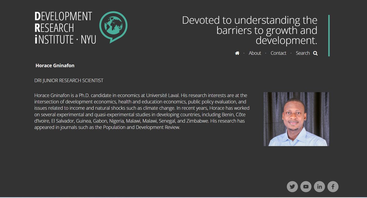 Today's cool young researcher #econtwitter #econsky is <a href="/hgninafon/">Horace Gninafon</a> who works on topics related to development + health, particularly in W Africa - and is a newly minted PhD, congratulate him!