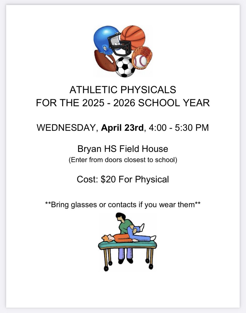 Friendly reminder for athletic physicals night on April 23rd at Bryan High School. 

If you need another night, Rudder is offering physicals this Wednesday, 4/9 from 4-5:30pm!!