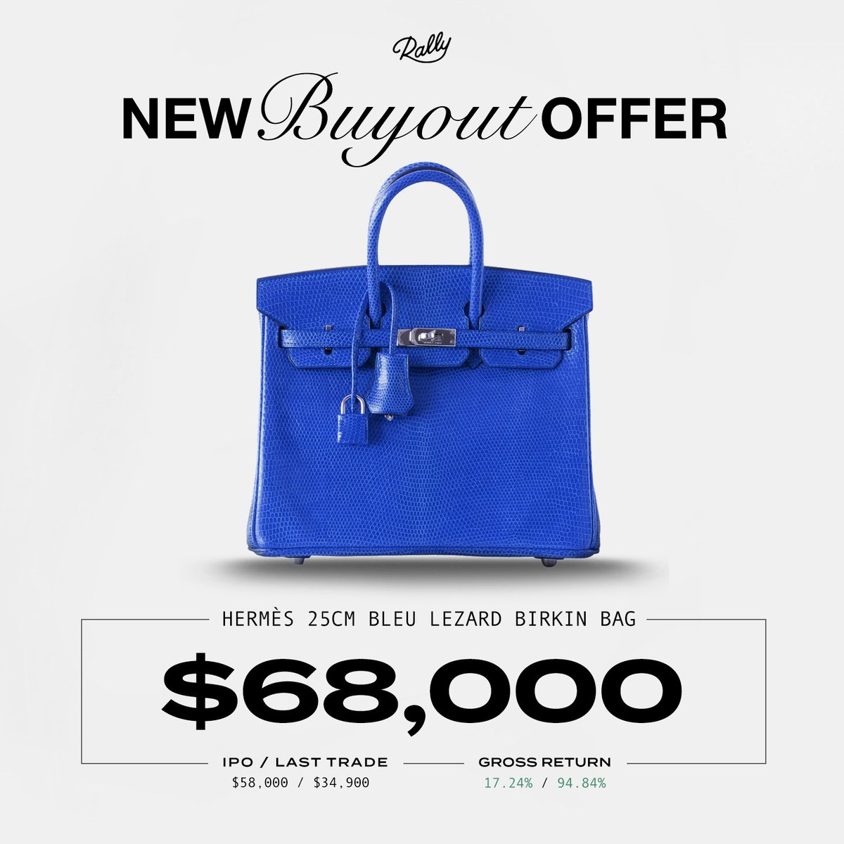 Still Strong to quite Strong...

🚨NEW BUYOUT OFFER ON RALLY🚨

→The Hermès Birkin / 25 - Bleu Lezard
→$68,000 CASH OFFER

↗ 17.24% since IPO
↗ 94.8% since last trade

Shareholder voting ends today...
⏳👜⏳👜⏳