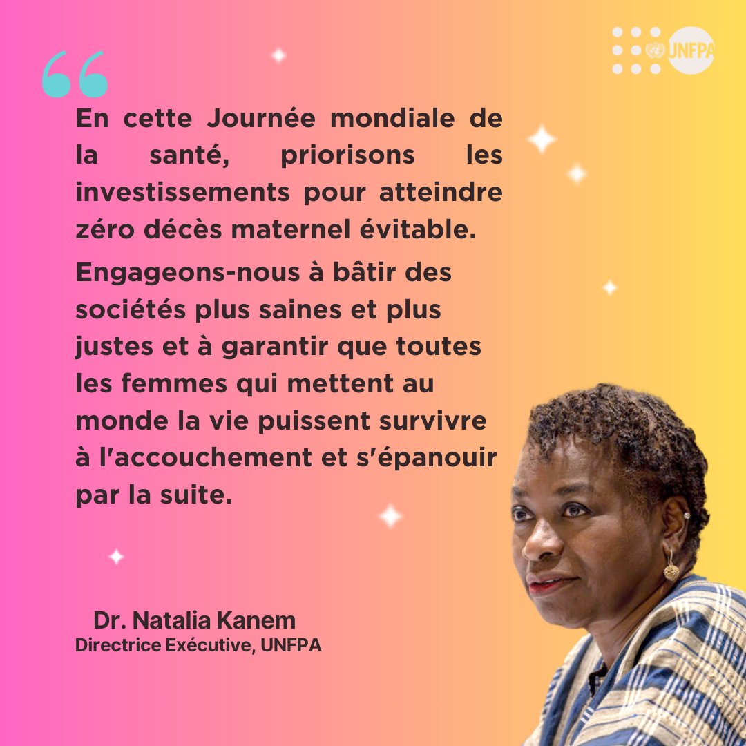 "Nous pouvons et devons mettre fin aux décès maternels évitables." 
--<a href="/Atayeshe/">Dr. Natalia Kanem /she/her/ella/</a>, Directrice Exécutive de <a href="/UNFPA/">UNFPA</a> à l'occasion de la #WorldHealthDay2025 

👉Lire la déclaration entière  unf.pa/4jfpupc 

#SantéPourTous
 #HealthForAll