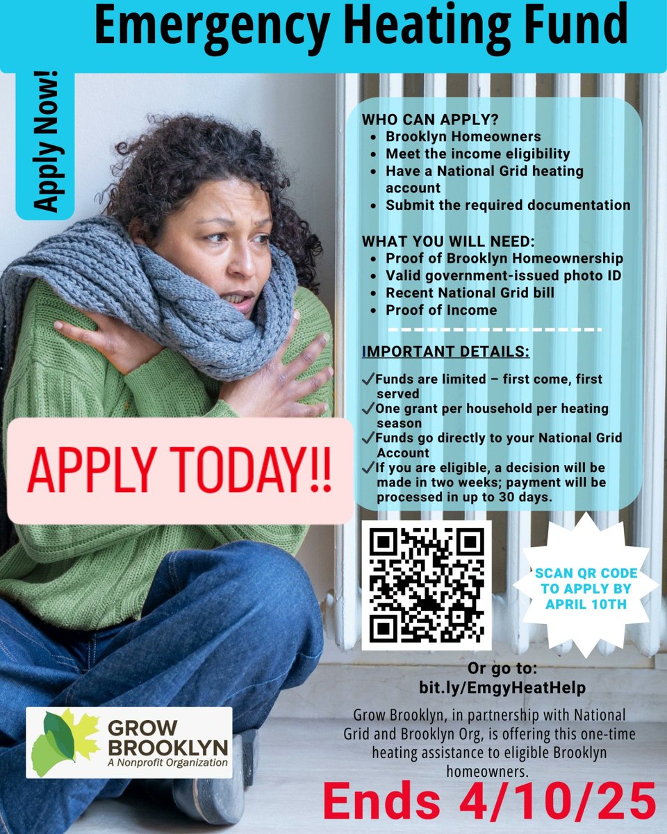 🌱APPLY BY APRIL 10TH!!!🌱

Grow Brooklyn, in partnership with National Grid &amp; Brooklyn Org, is here to help! A one-time grant is available and funds go straight to your National Grid account.  !

✍️ bit.ly/EmgyHeatHelp or scan QR code 

#GrowBrooklyn #heathelp #staywarm