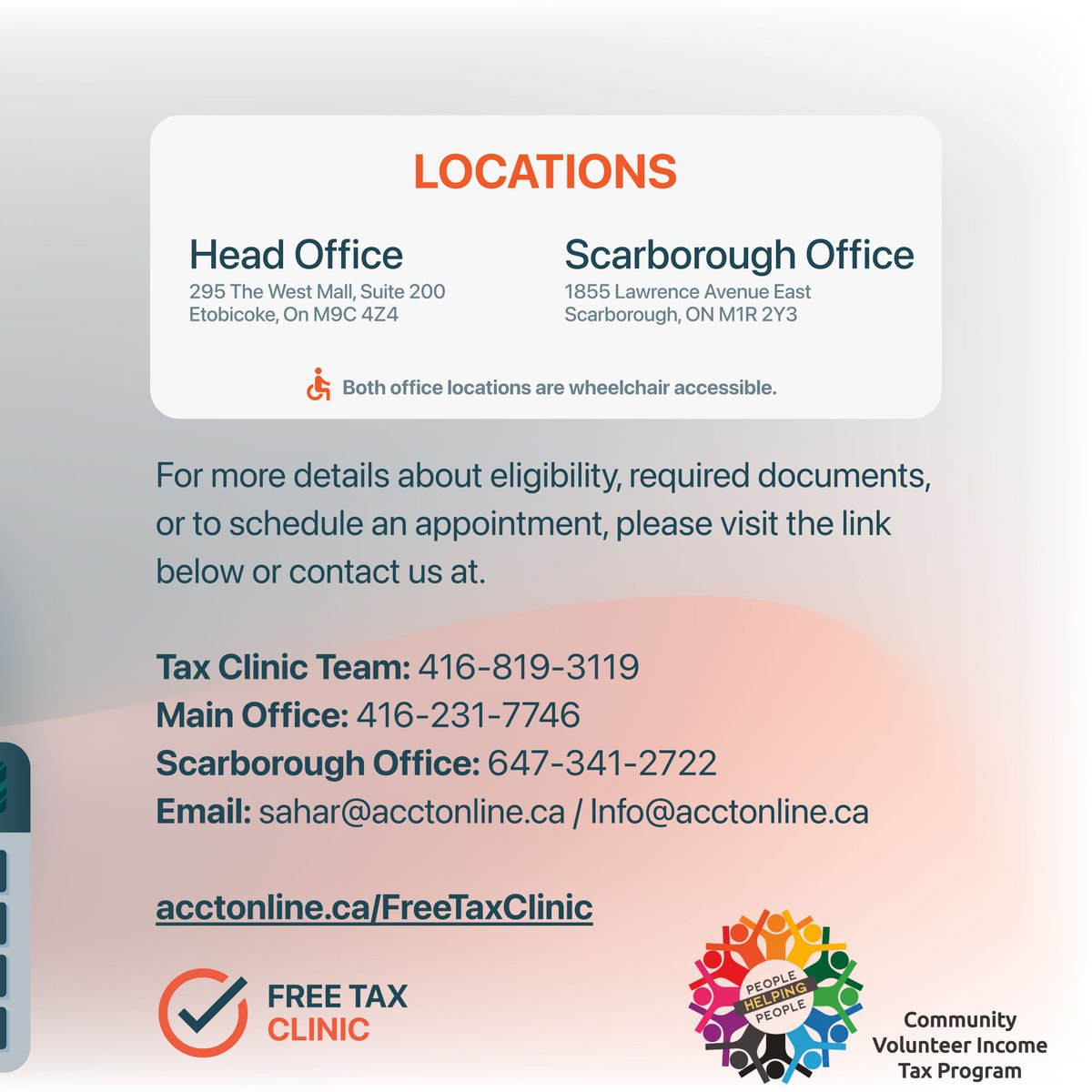 ACCT (@acctonline) on Twitter photo Need Help Filing Your Taxes?
ACCT's 2025 FREE Tax Clinic is here to help!
Services available in:
English, Arabic, Amharic, Tigrinya, and Dari.
Register Now : acctonline.ca/FreeTaxClinic
Call/Text:
416-231-7746
647-341-2722
416-819-3119
sahar@acctonline.ca | info@acctonline.ca
#ACCT Need Help Filing Your Taxes?
ACCT's 2025 FREE Tax Clinic is here to help!
Services available in:
English, Arabic, Amharic, Tigrinya, and Dari.
Register Now : acctonline.ca/FreeTaxClinic
Call/Text:
416-231-7746
647-341-2722
416-819-3119
sahar@acctonline.ca | info@acctonline.ca
#ACCT