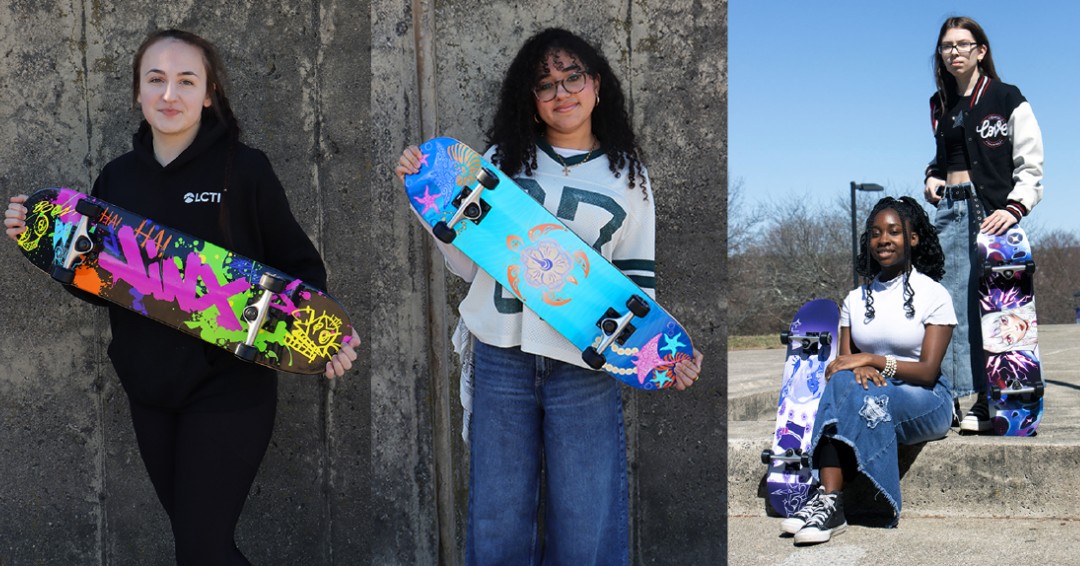 First-year Advertising Design students in Mr. Childs' class created skateboard decks for a competition judged by their peers in Ms. DeVincenzo's class. Aubree Ali &amp; Jelina Guzman are the AM session winners. Jade Adzadi &amp; Mari Cubero are the PM session winners.  #opportunityahead