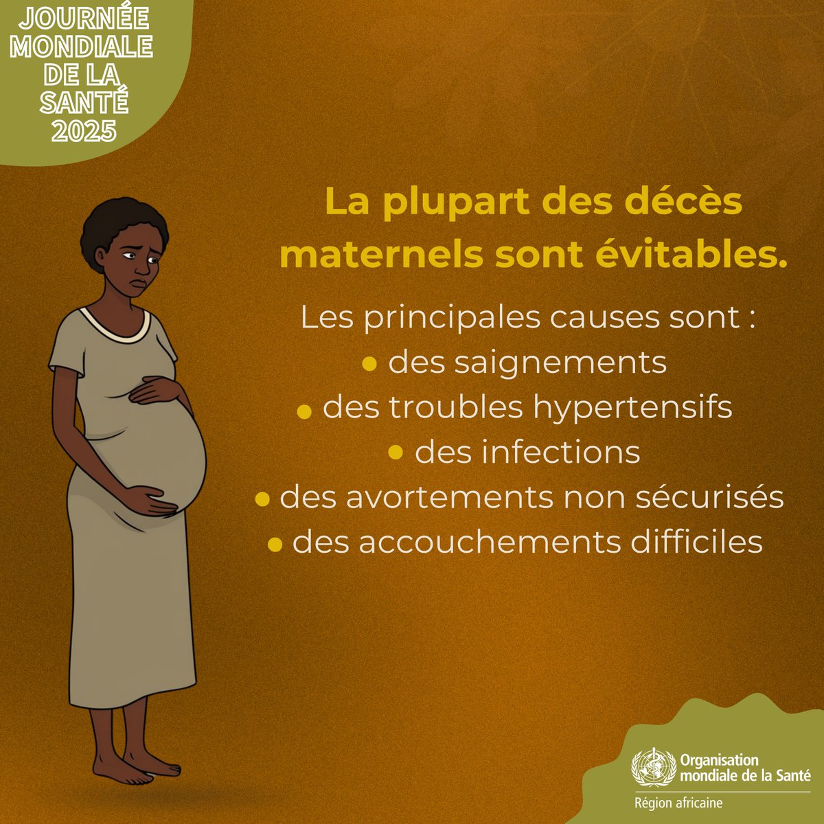 Des mères en bonne santé font des nations fortes !
Jusqu’à 7⃣7⃣ % des décès maternels en Afrique sont dus à des causes directes évitables telles que : 
❌les hémorragies ;
❌les infections ;
❌les avortements non sécurisés ;
❌&amp; des accouchements difficiles.
Renforçons les