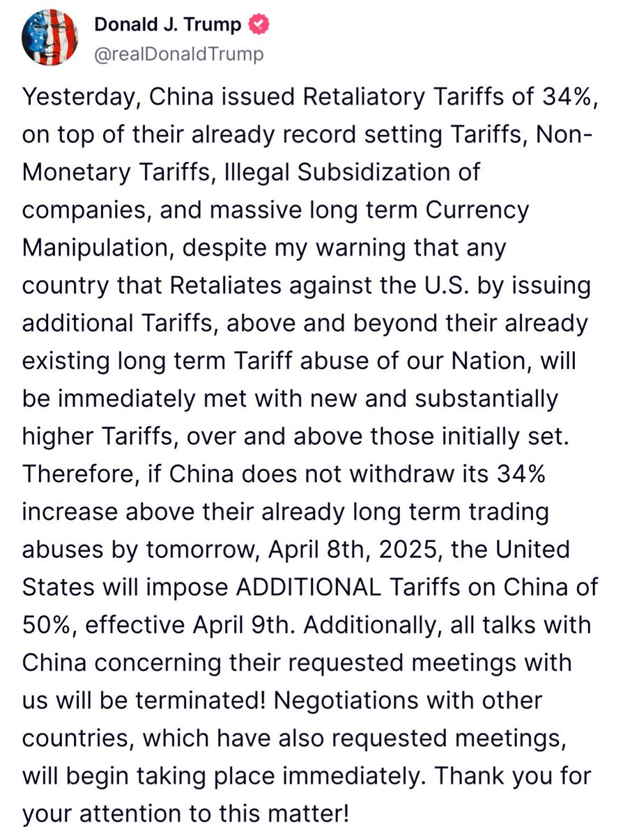 BREAKING: Trump is RAISING the tariffs on China by an additional 50%.