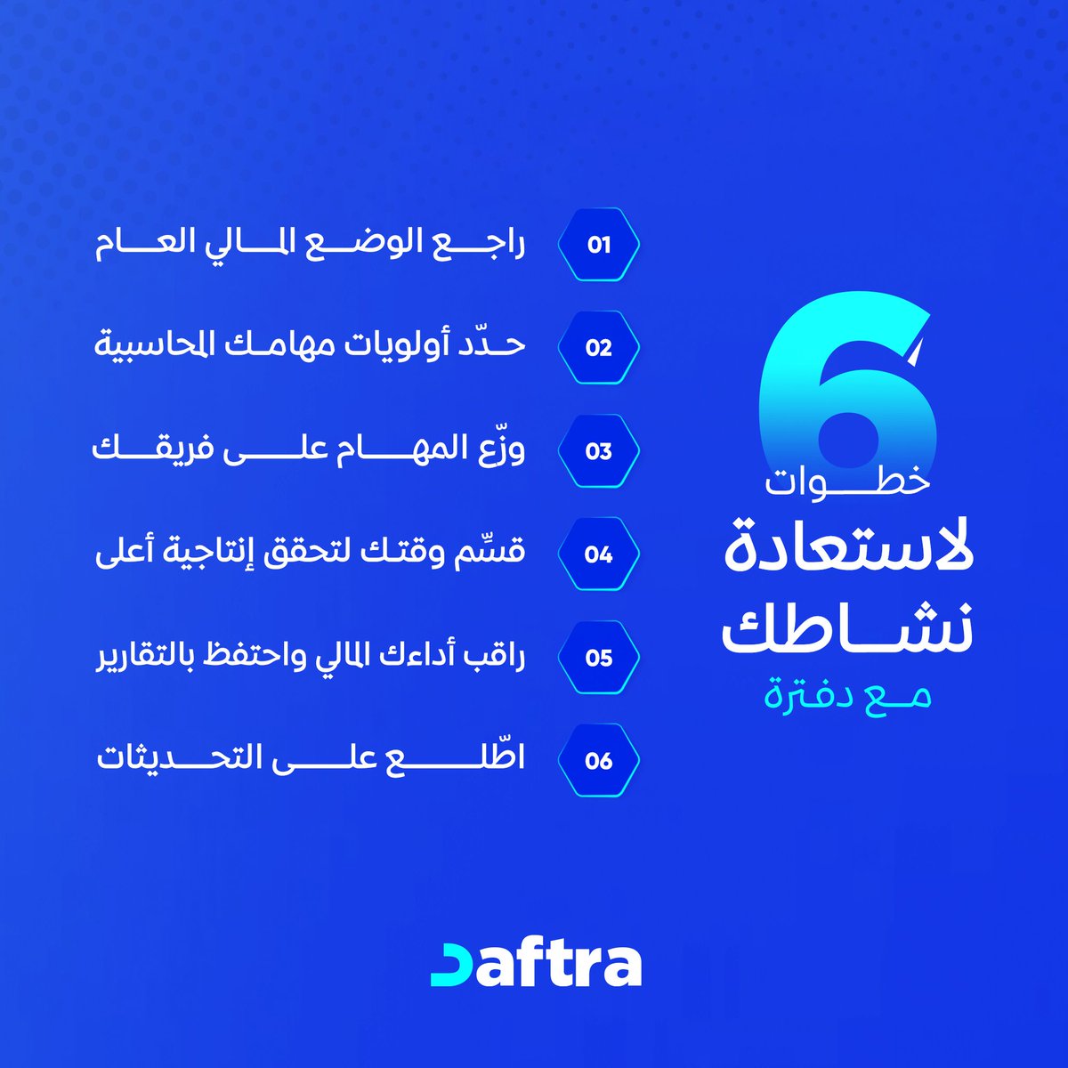 عدت من إجازة طويلة وتودّ أن تبدأ عملك #المحاسبي من جديد بكل تركيز وتنظيم؟ 
👈إليك خطوات عملية تساعدك على استعادة نشاطك من أول يوم باستخدام برنامج دفترة:

✅راجع الوضع المالي العام
ابدأ بمراجعة سريعة لكشوف الحسابات والأرصدة لتحديد الحالة المالية للشركة ومتابعة سير الأمور بعد